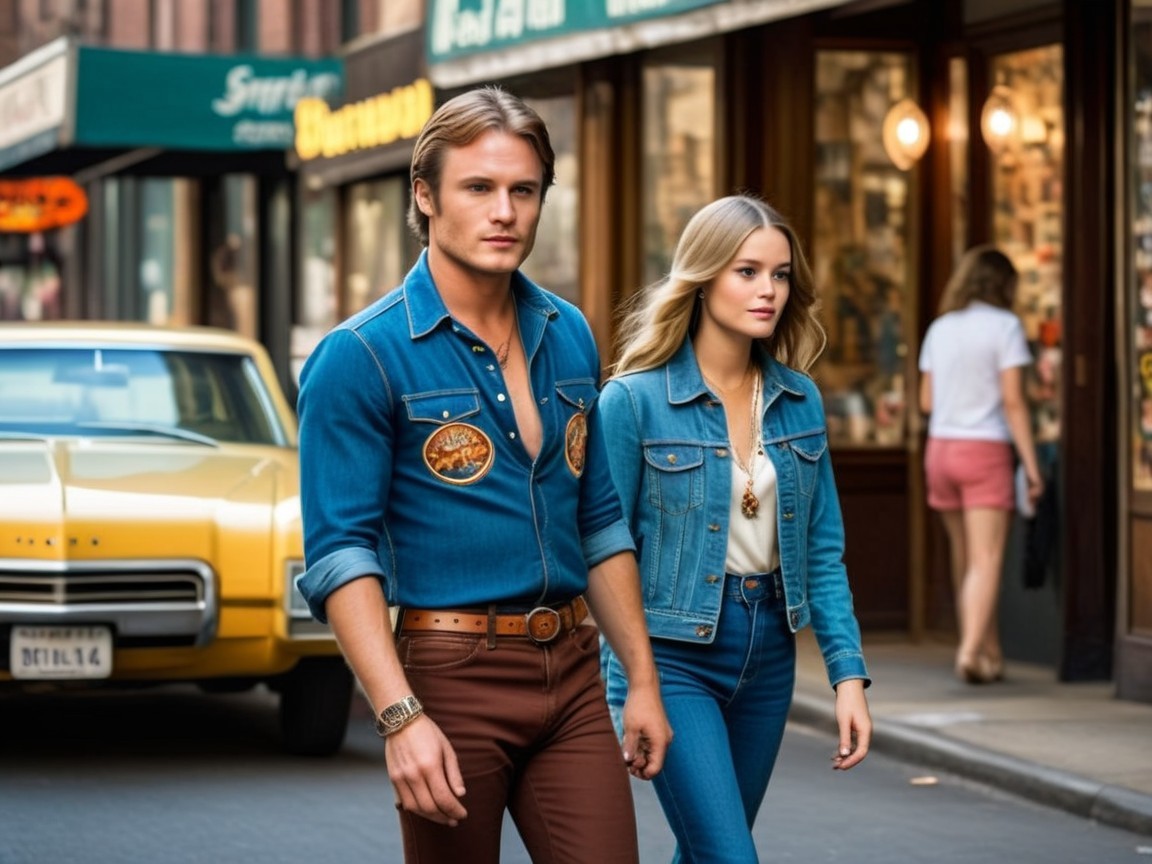 1970s Fashionable Couple on a Bustling Street