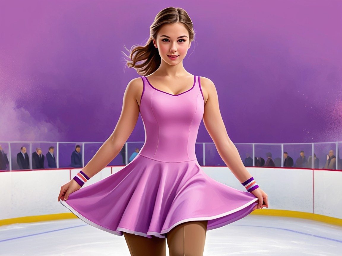 Graceful figure skater in pink dress on ice rink