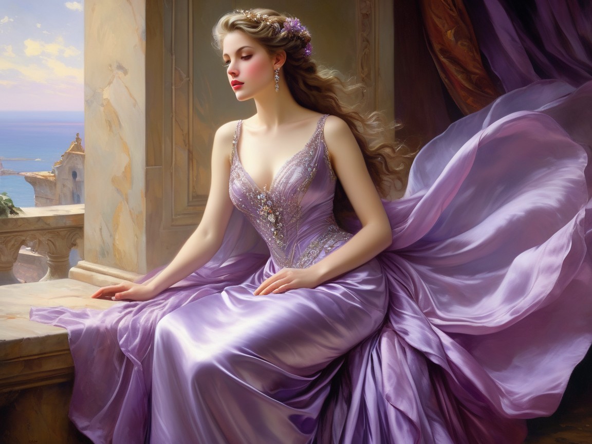 Elegant Woman in Lavender Gown by Grand Window