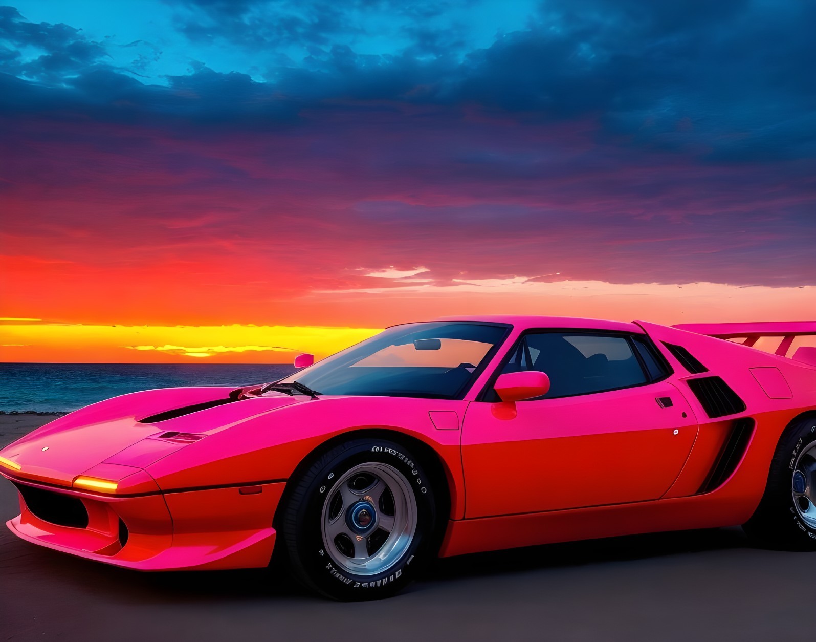 Vibrant Pink Sports Car on Beach at Sunset