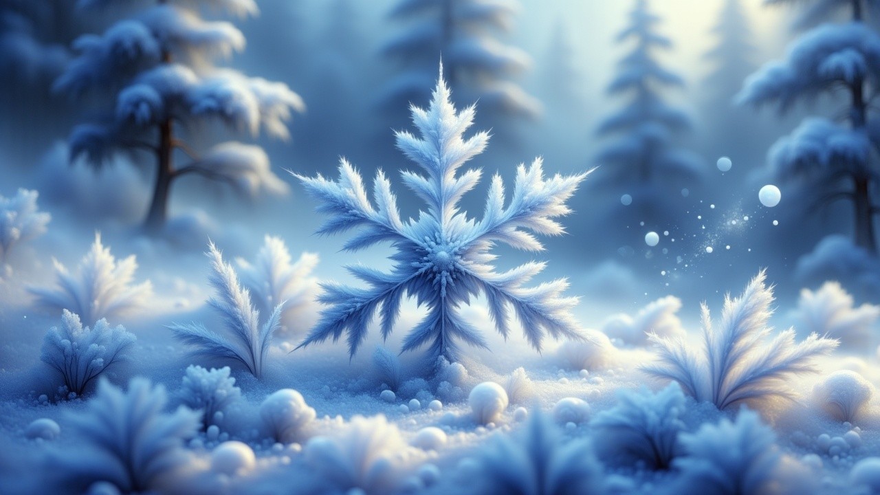 Intricate Snowflake on a Serene Winter Landscape