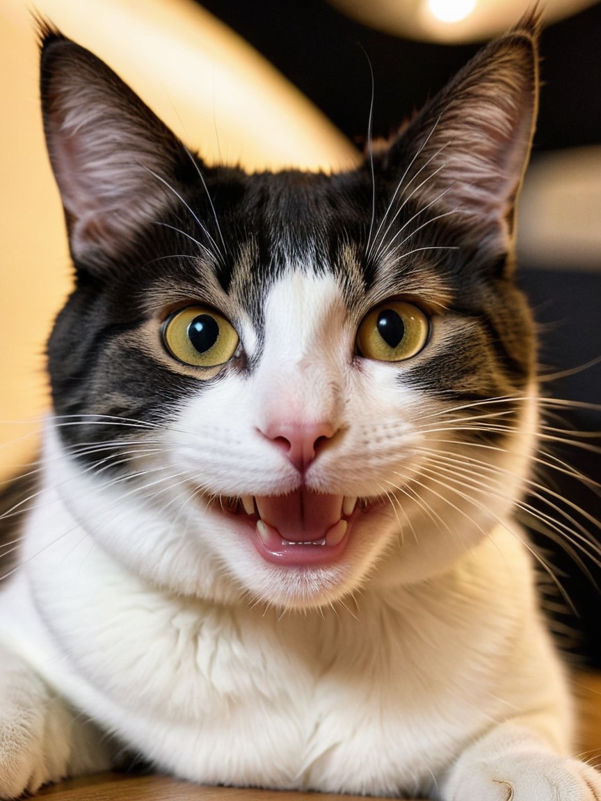 Playful Cat with Black and White Coat and Yellow Eyes