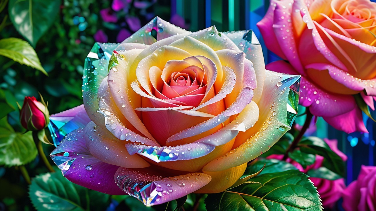Vibrant pink and yellow rose with water droplets