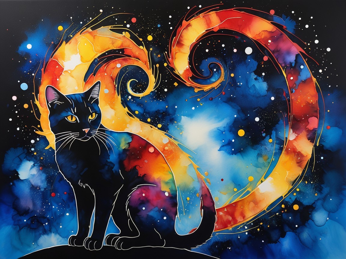 Black Cat Against Cosmic Colorful Backdrop