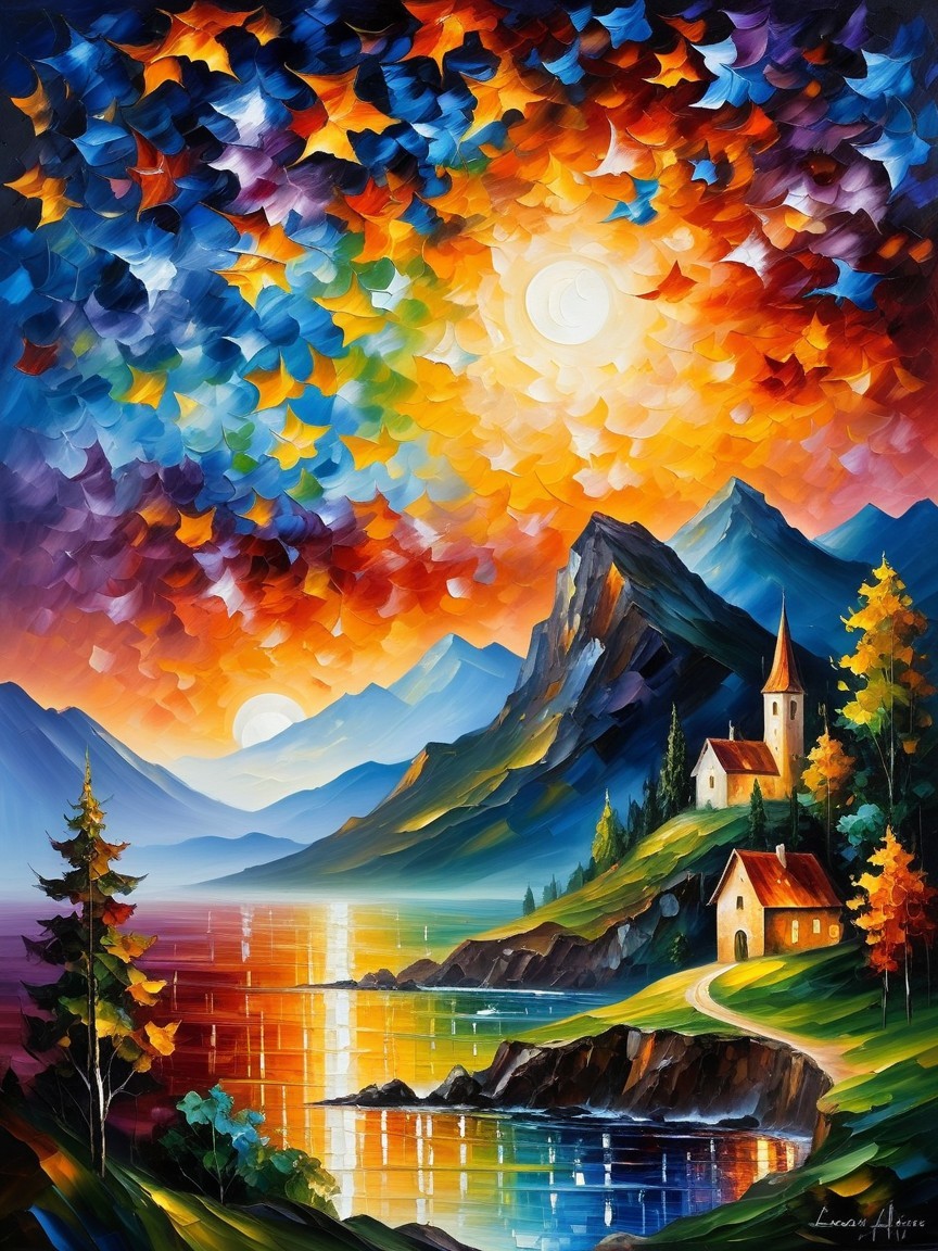 Vibrant Landscape with Lake and Colorful Sunset