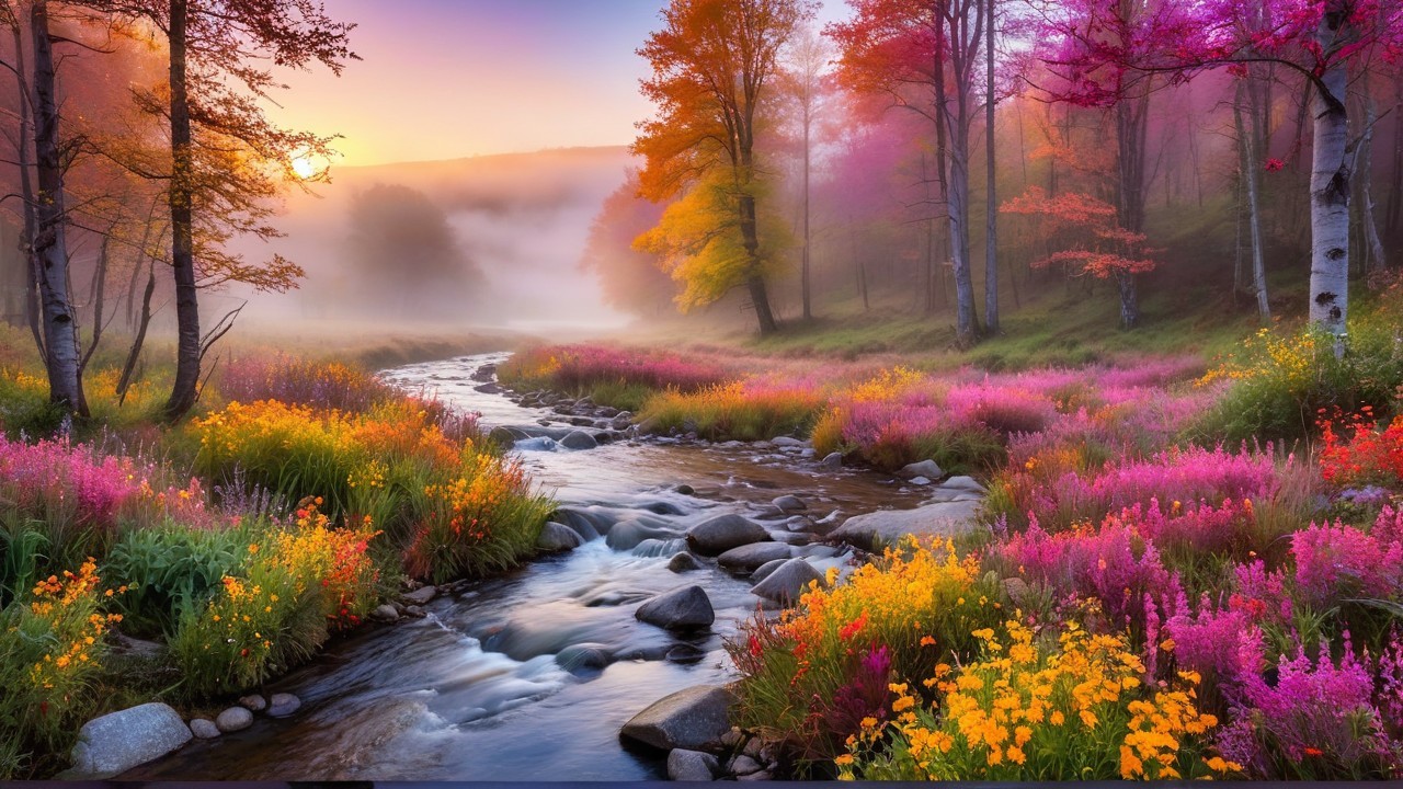 Serene landscape with stream and vibrant wildflowers
