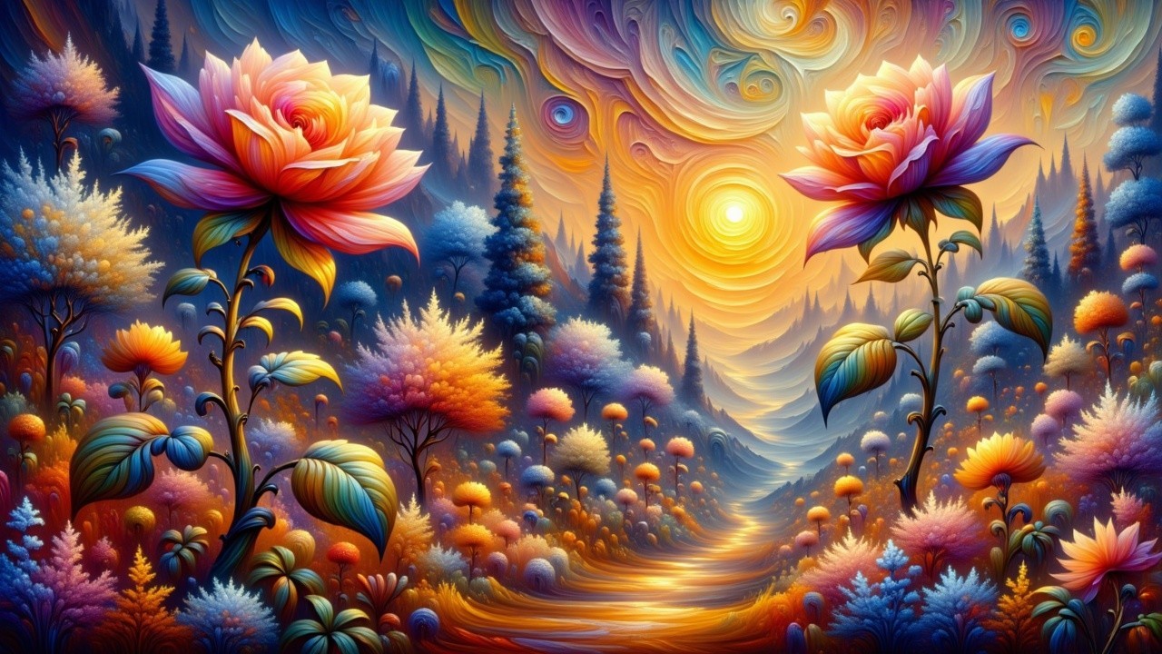 Vibrant Landscape with Oversized Flowers and Sunset Glow