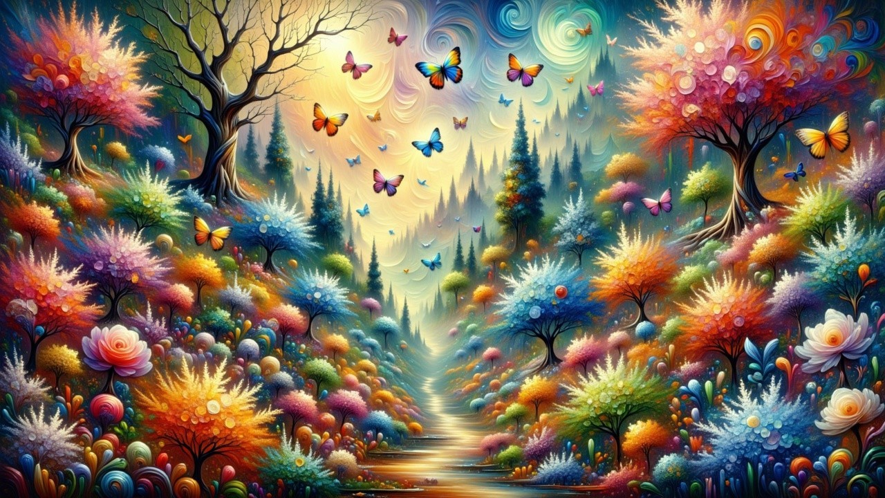 Vibrant Dreamlike Forest with Colorful Trees and Flowers
