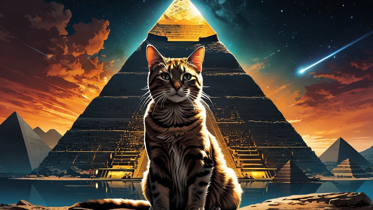 Regal Cat and Pyramid Under Vibrant Sunset Sky