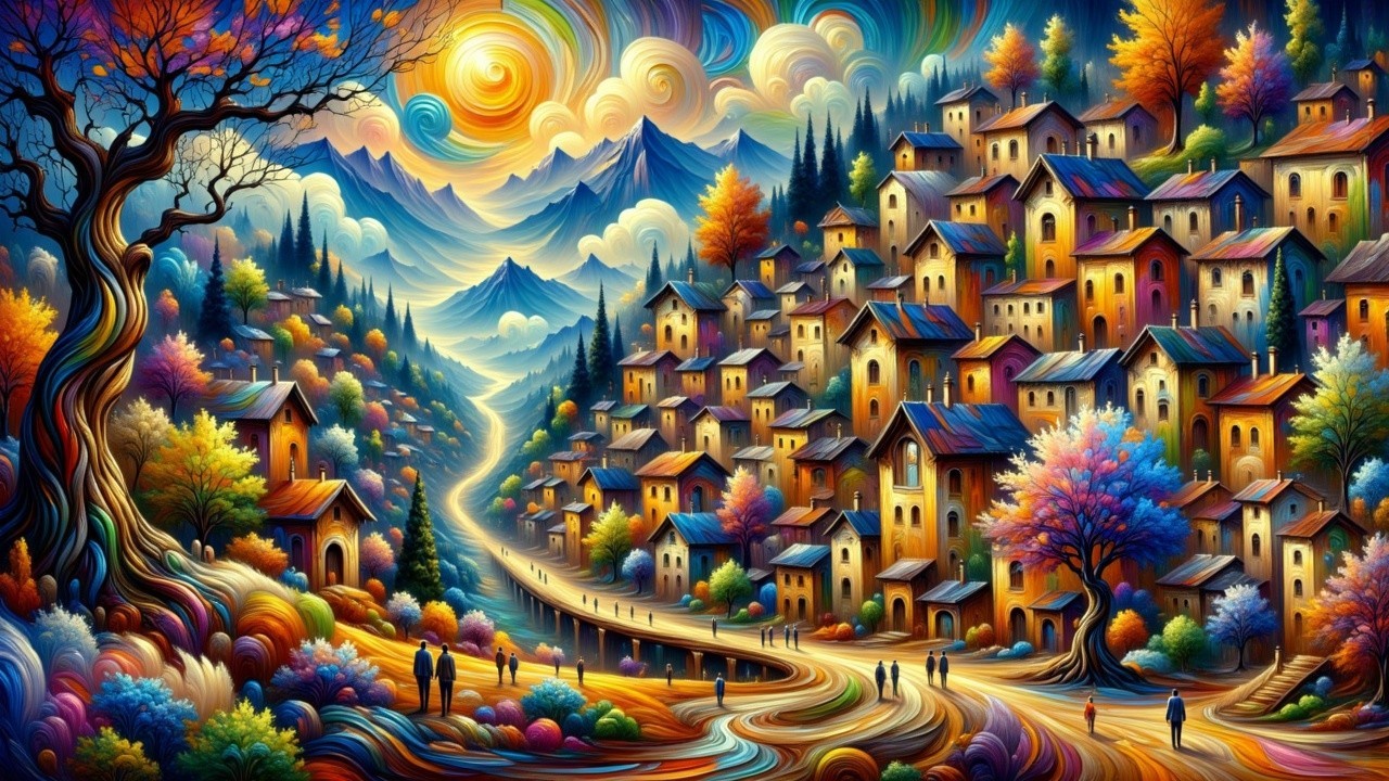 Vibrant Village Landscape with Colorful Houses and Hills