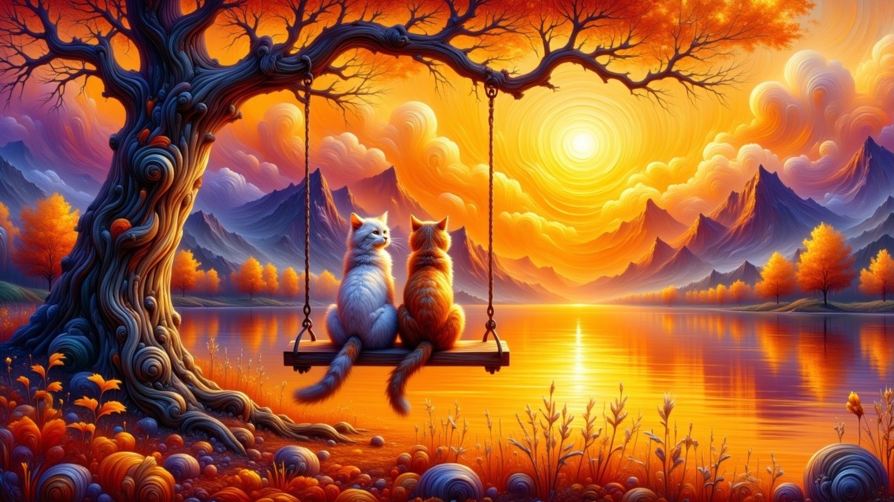 Cats on a swing under a sunset tree scene
