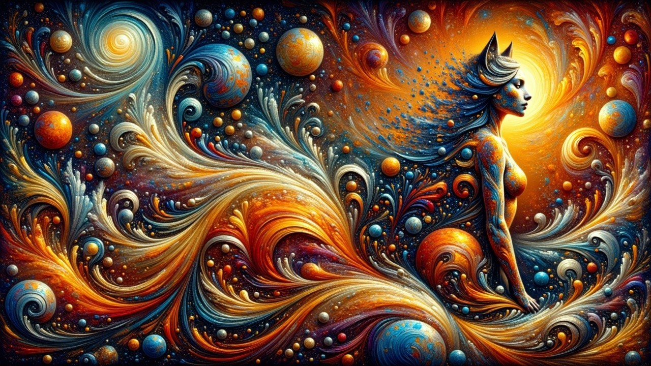 Cosmic Scene with Graceful Figure and Galaxies