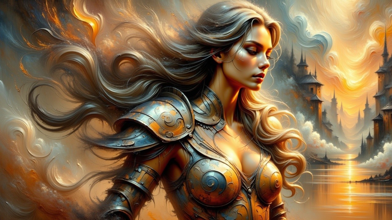 Warrior Woman in Intricate Armor Against Mystical Landscape