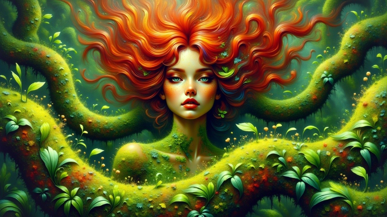 Mystical Woman with Red Hair and Nature Elements
