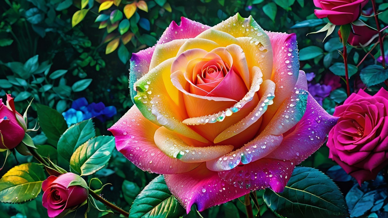 Vibrant Rose with Dewdrops and Colorful Foliage