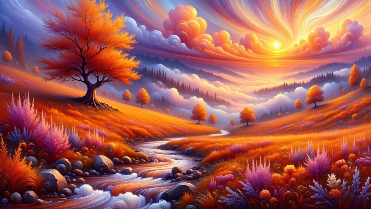 Vibrant Sunset Over Autumn Hills and Winding River