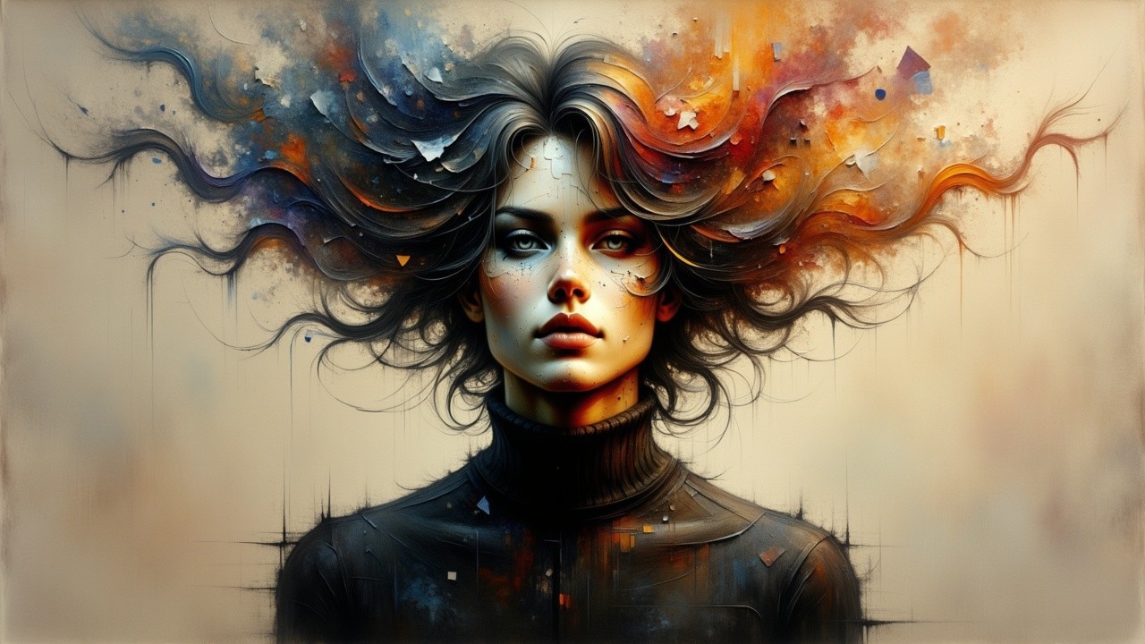 Portrait of a woman with vibrant hair and abstract colors