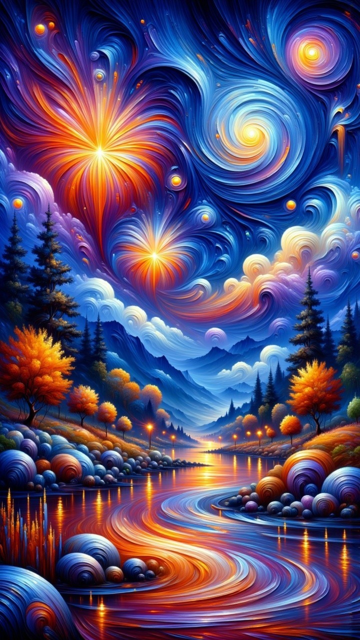Vibrant Landscape with River and Cosmic Sky Elements