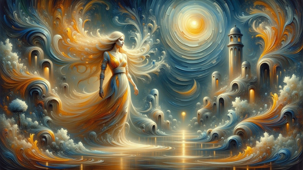 Luminous Figure in Dreamlike Ethereal Landscape