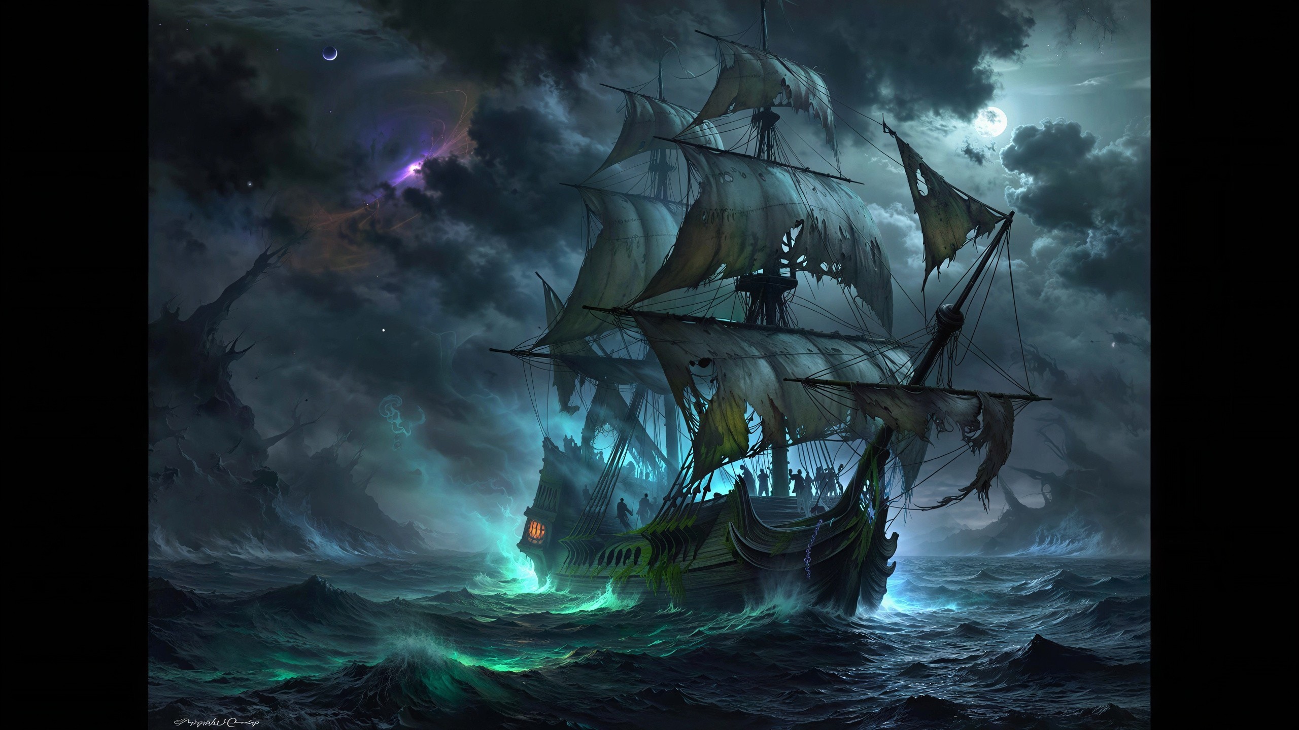 Ghost Ship on Turbulent Sea Under Stormy Night Sky