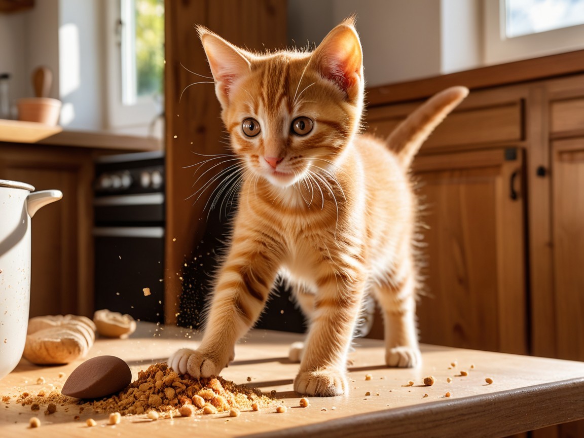Ginger Kitten Exploring Sunlit Kitchen with Crumbs