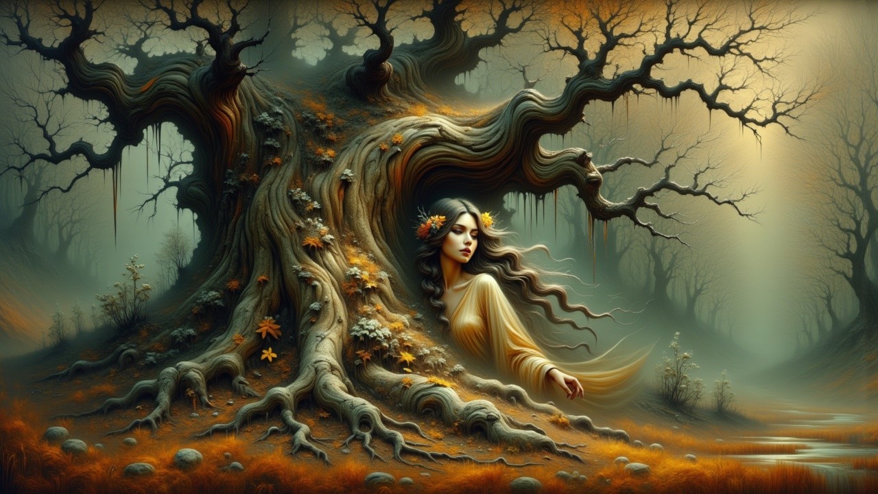 Majestic Tree and Serene Woman in Mystical Forest