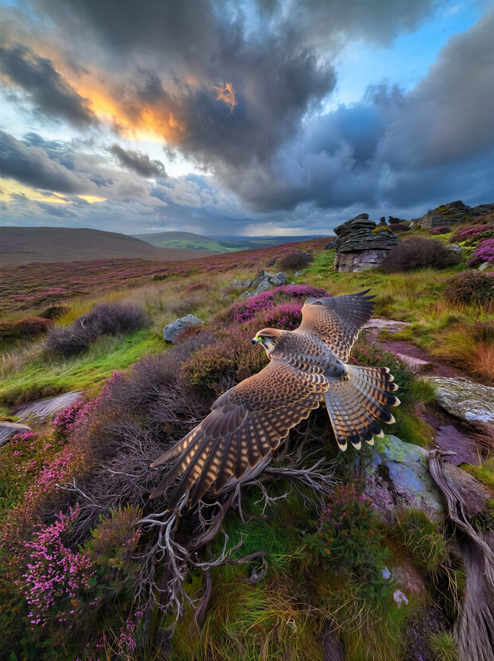 Falcon Soaring Over Purple Heather Moorland at Dusk