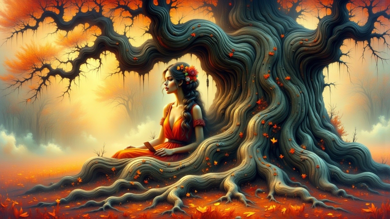 Serene woman in orange dress by a gnarled tree