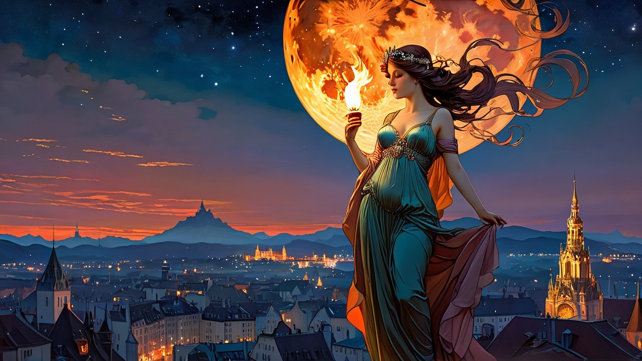 Serene Figure with Torch Over City Skyline at Dusk
