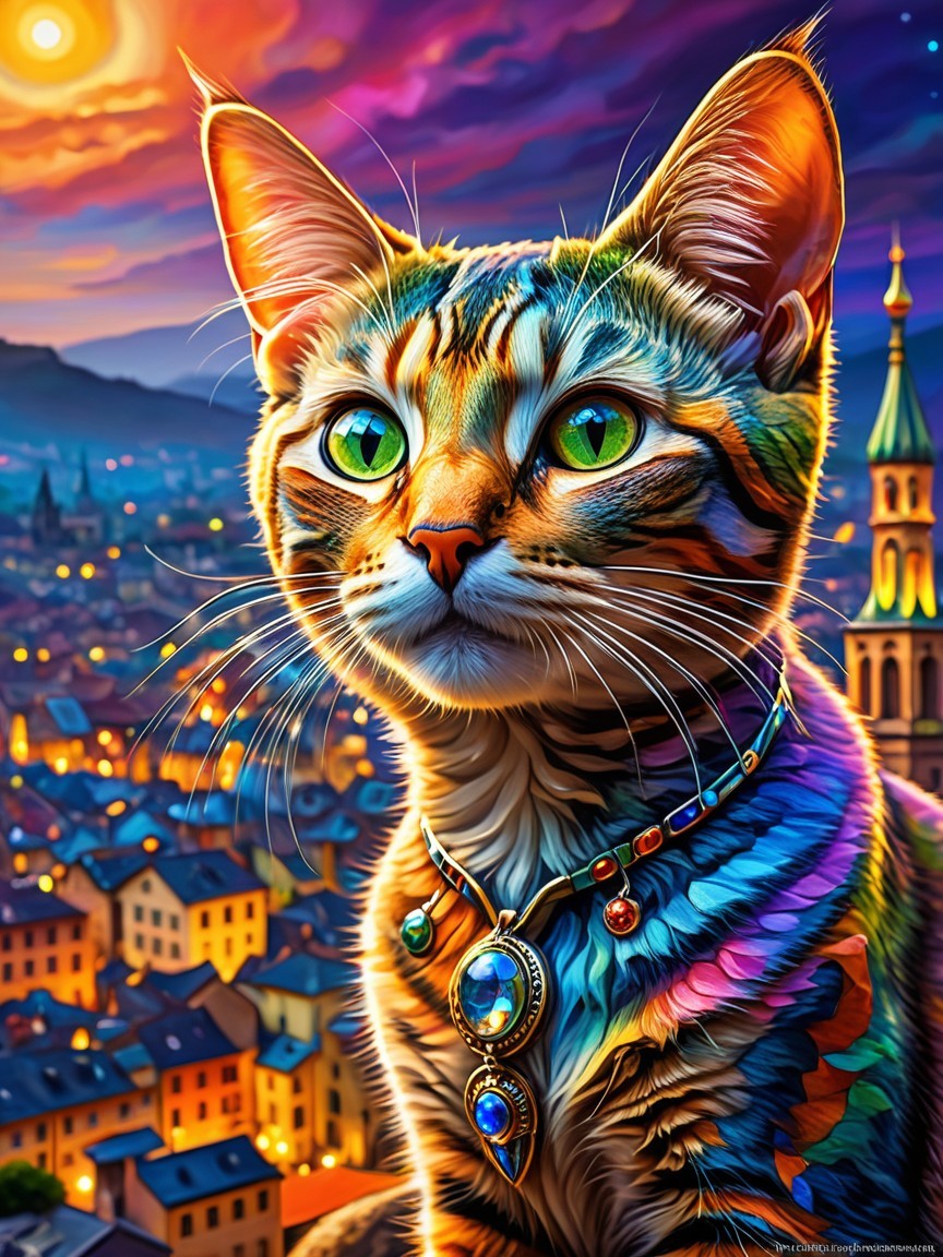 Colorful Stylized Cat with Skyline Fur Patterns