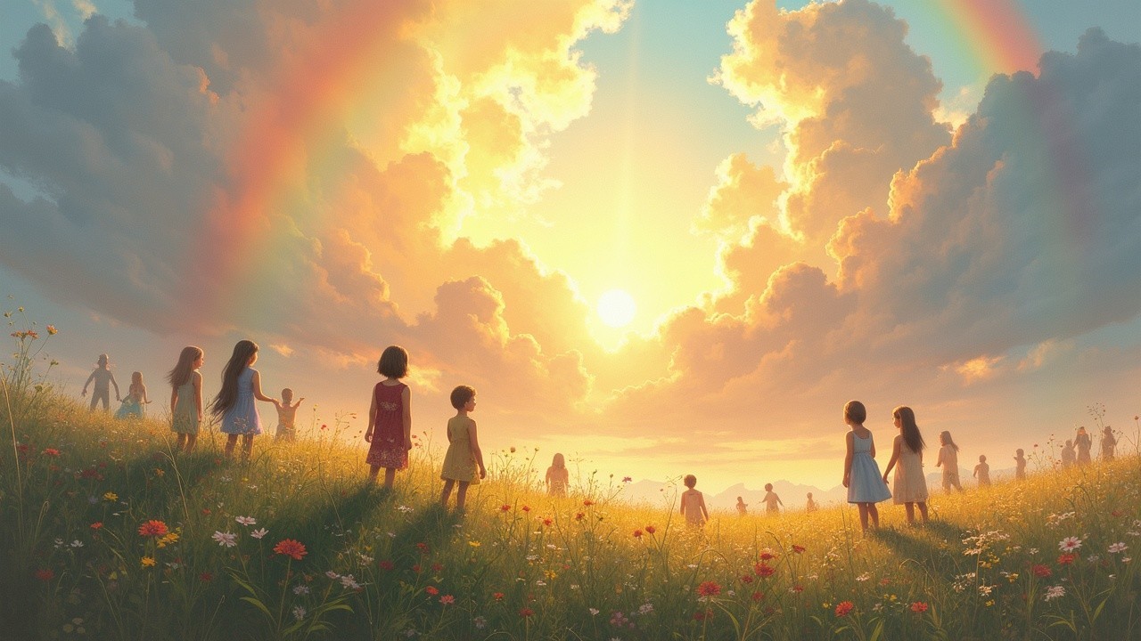 Vibrant Sunset Landscape with Children in Meadow