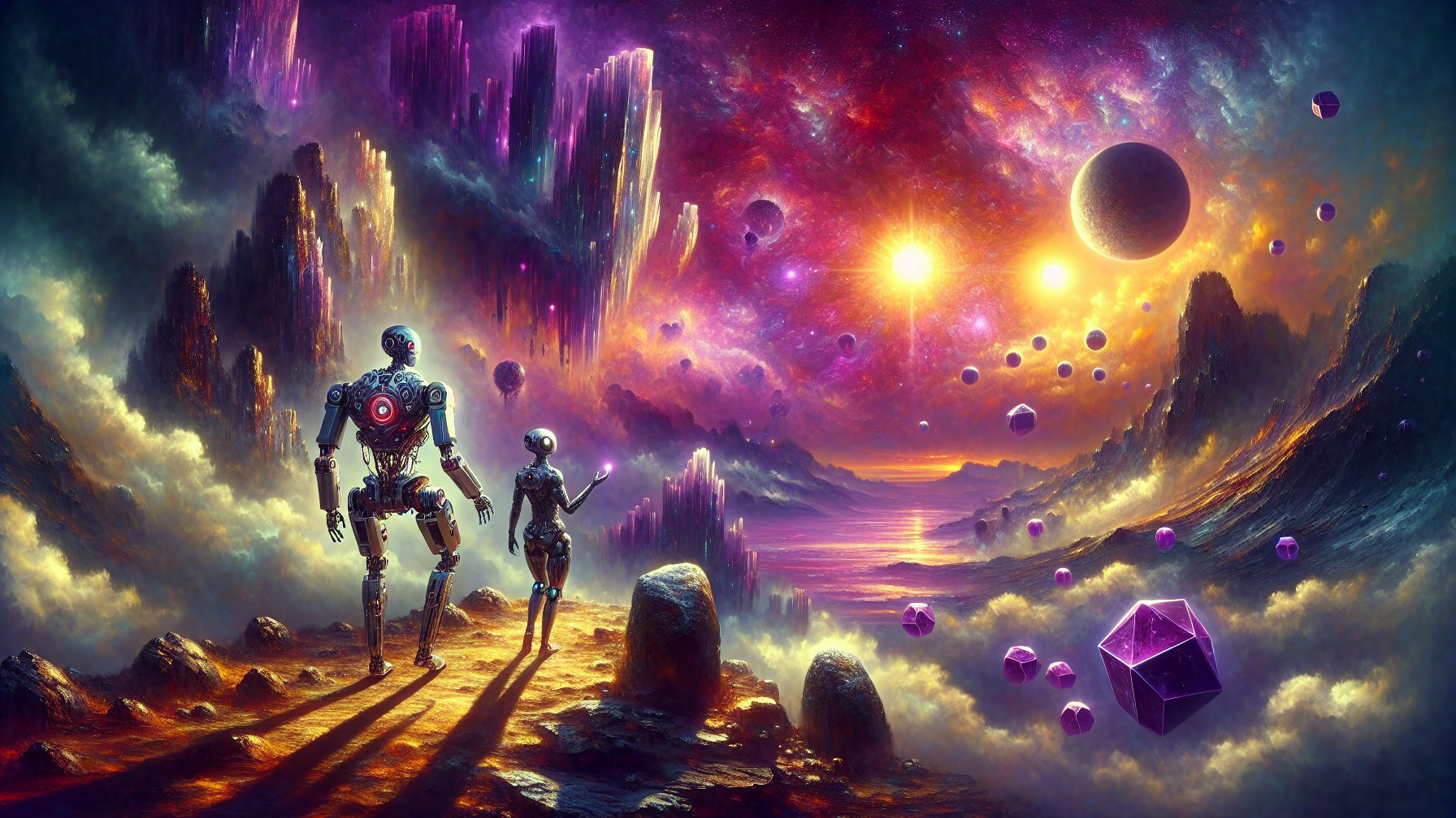 Futuristic robots in a vibrant cosmic landscape