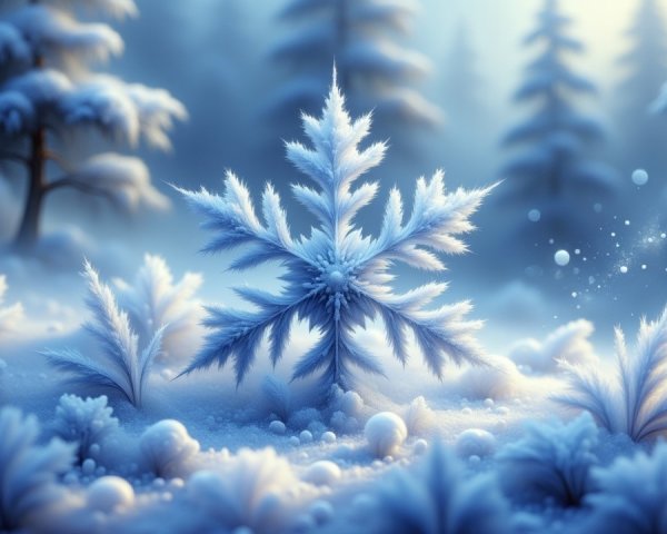 Intricate Snowflake on a Serene Winter Landscape