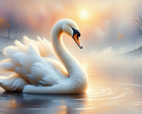 Majestic white swan gliding on a serene lake