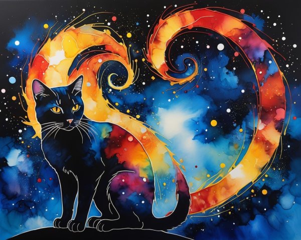 Black Cat Against Cosmic Colorful Backdrop
