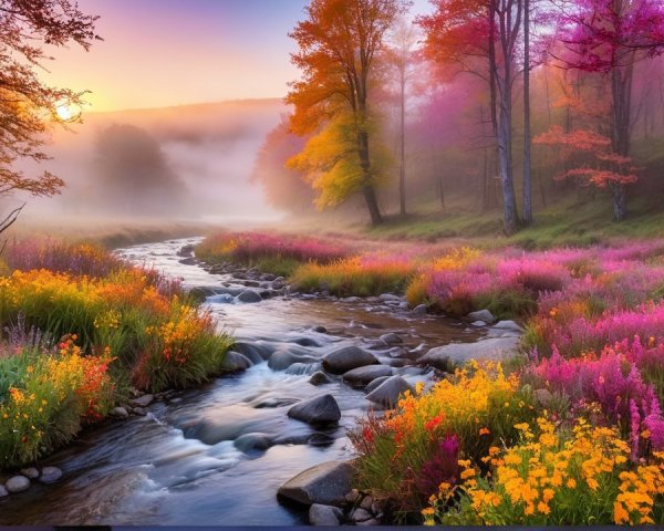 Serene landscape with stream and vibrant wildflowers