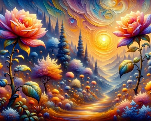 Vibrant Landscape with Oversized Flowers and Sunset Glow