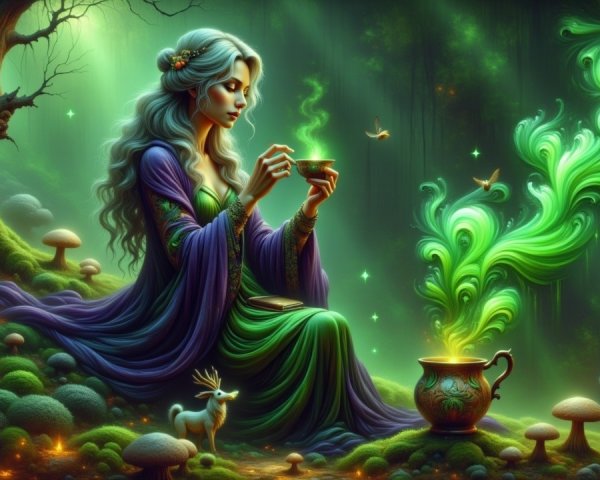 Serene Woman in Mystical Forest with Cauldron and Deer