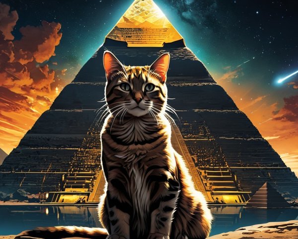 Regal Cat and Pyramid Under Vibrant Sunset Sky