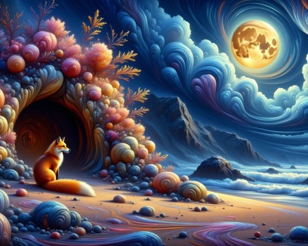 Vibrant Dreamlike Landscape with Cozy Cave and Fox