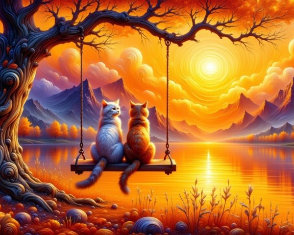 Cats on a swing under a sunset tree scene