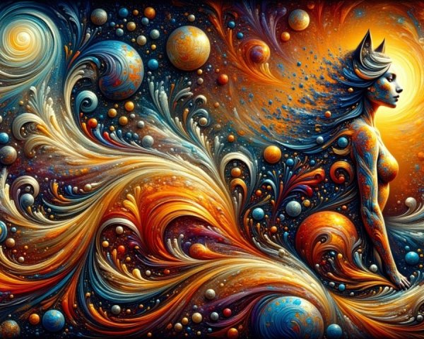 Cosmic Scene with Graceful Figure and Galaxies