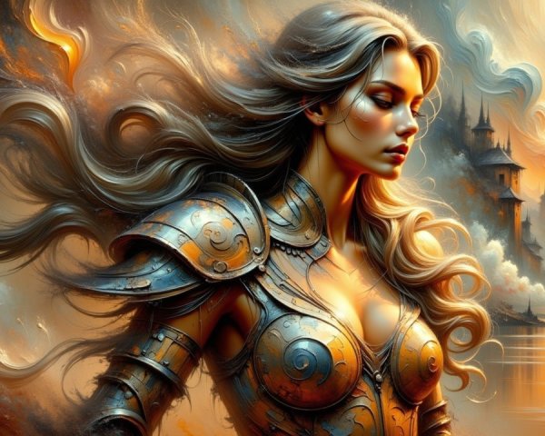 Warrior Woman in Intricate Armor Against Mystical Landscape