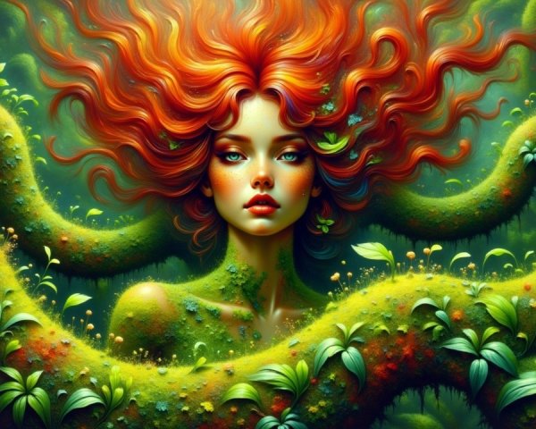Mystical Woman with Red Hair and Nature Elements