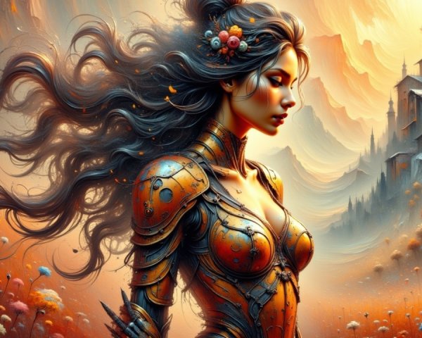 Female Warrior in Armor Against Sunset Landscape