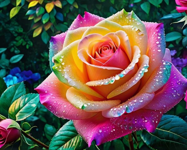 Vibrant Rose with Dewdrops and Colorful Foliage