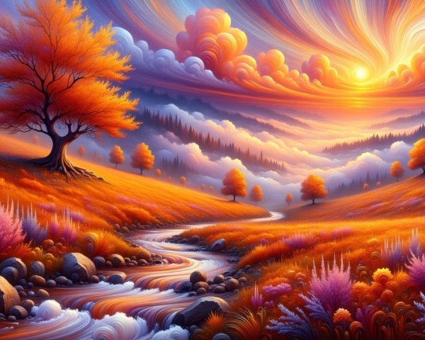 Vibrant Sunset Over Autumn Hills and Winding River