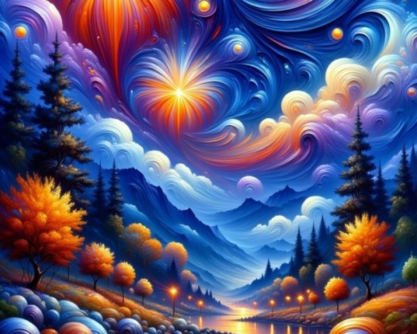 Vibrant Landscape with River and Cosmic Sky Elements