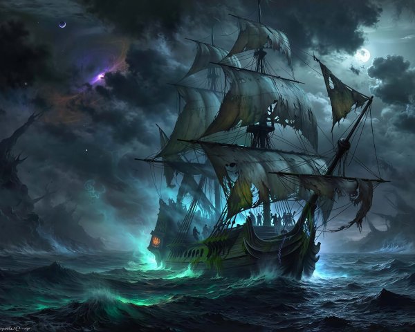Ghost Ship on Turbulent Sea Under Stormy Night Sky