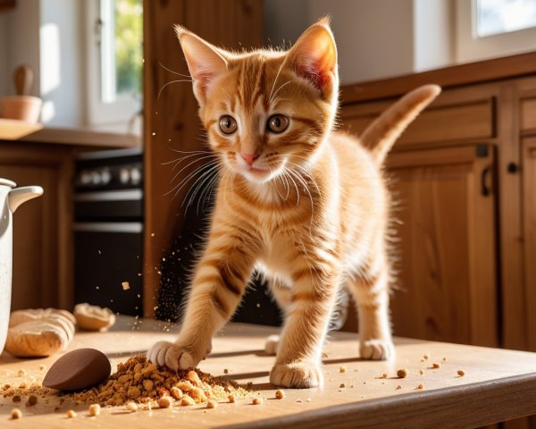 Ginger Kitten Exploring Sunlit Kitchen with Crumbs